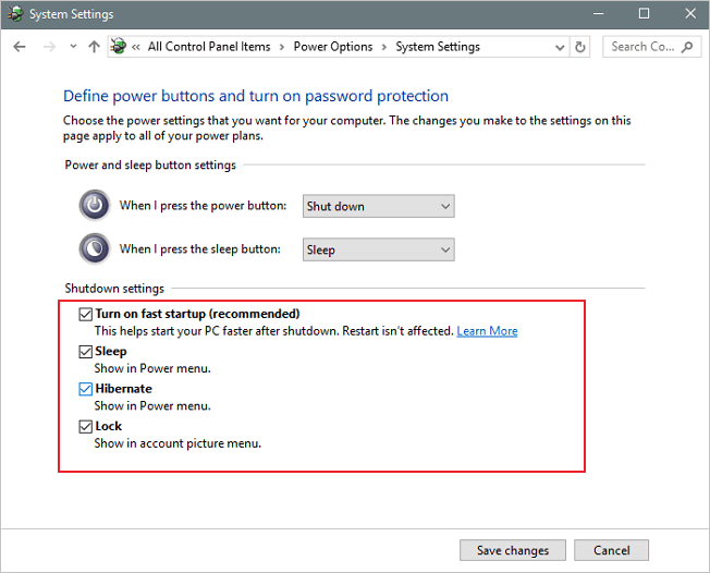 uncheck fast startup